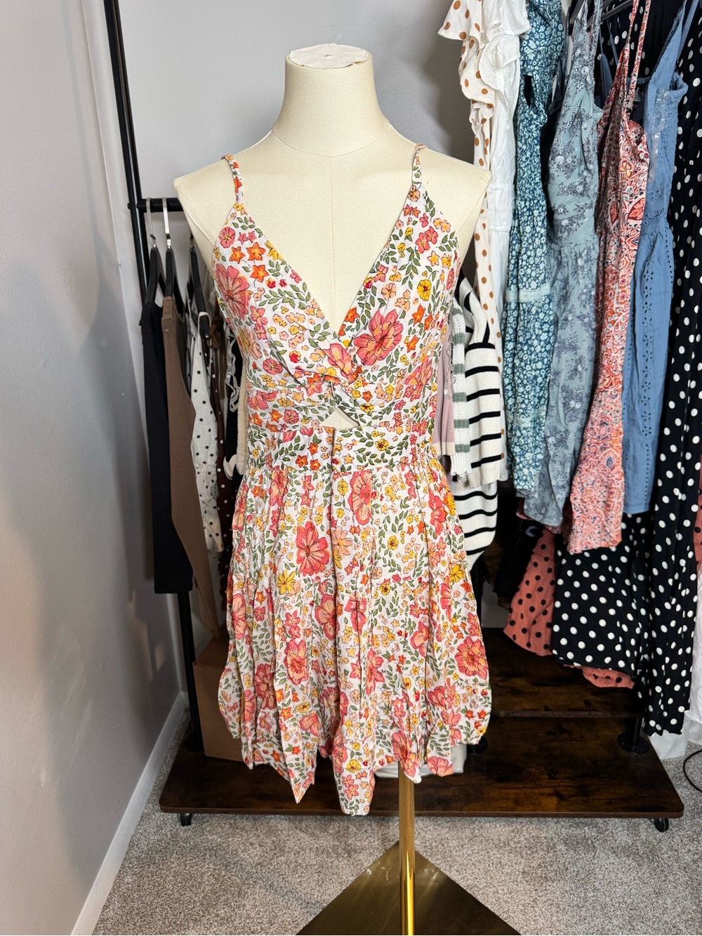 Angie Floral Wrap Mini Dress in White, Pink and Orange